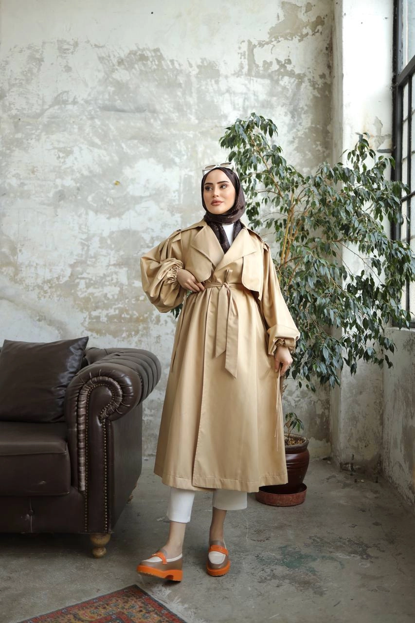 Kuşaklı%20Oversize%20Balon%20Kol%20Trençkot%20Kahverengi
