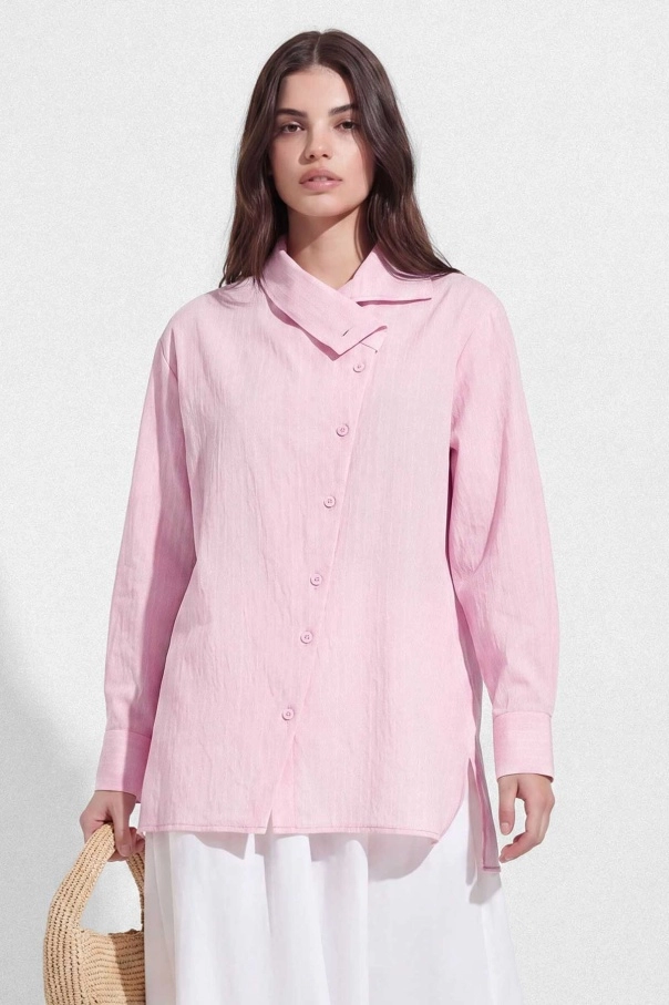 Asimetrik%20Yaka%20Çizgili%20Pembe%20Gömlek