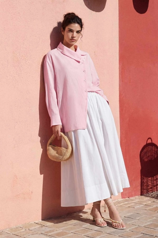 Asimetrik%20Yaka%20Çizgili%20Pembe%20Gömlek