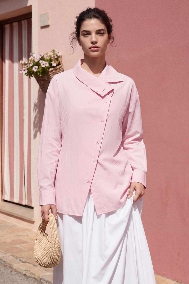 Asimetrik%20Yaka%20Çizgili%20Pembe%20Gömlek