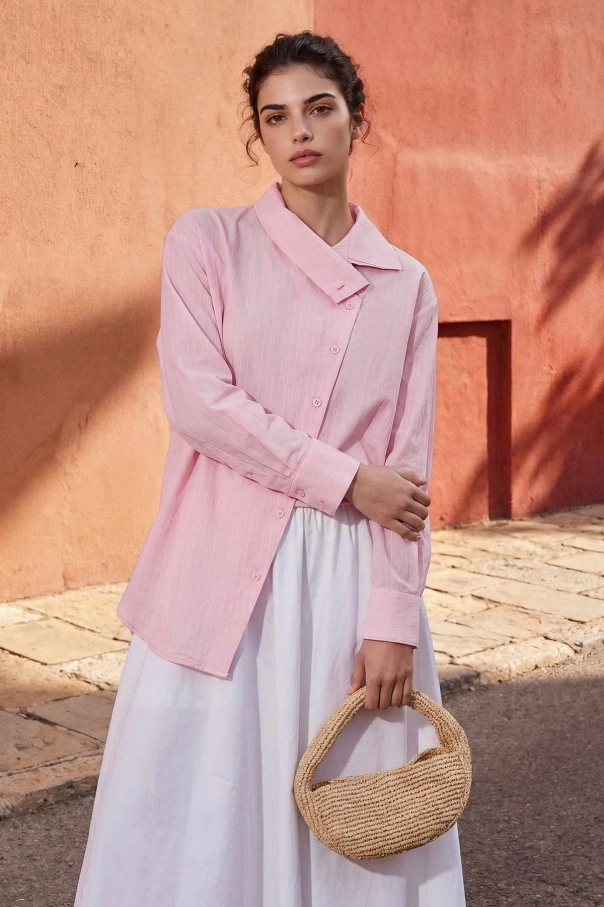 Asimetrik%20Yaka%20Çizgili%20Pembe%20Gömlek