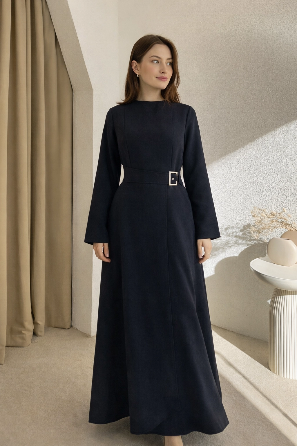 Beli%20Toka%20Detaylı%20Lacivert%20Elbise