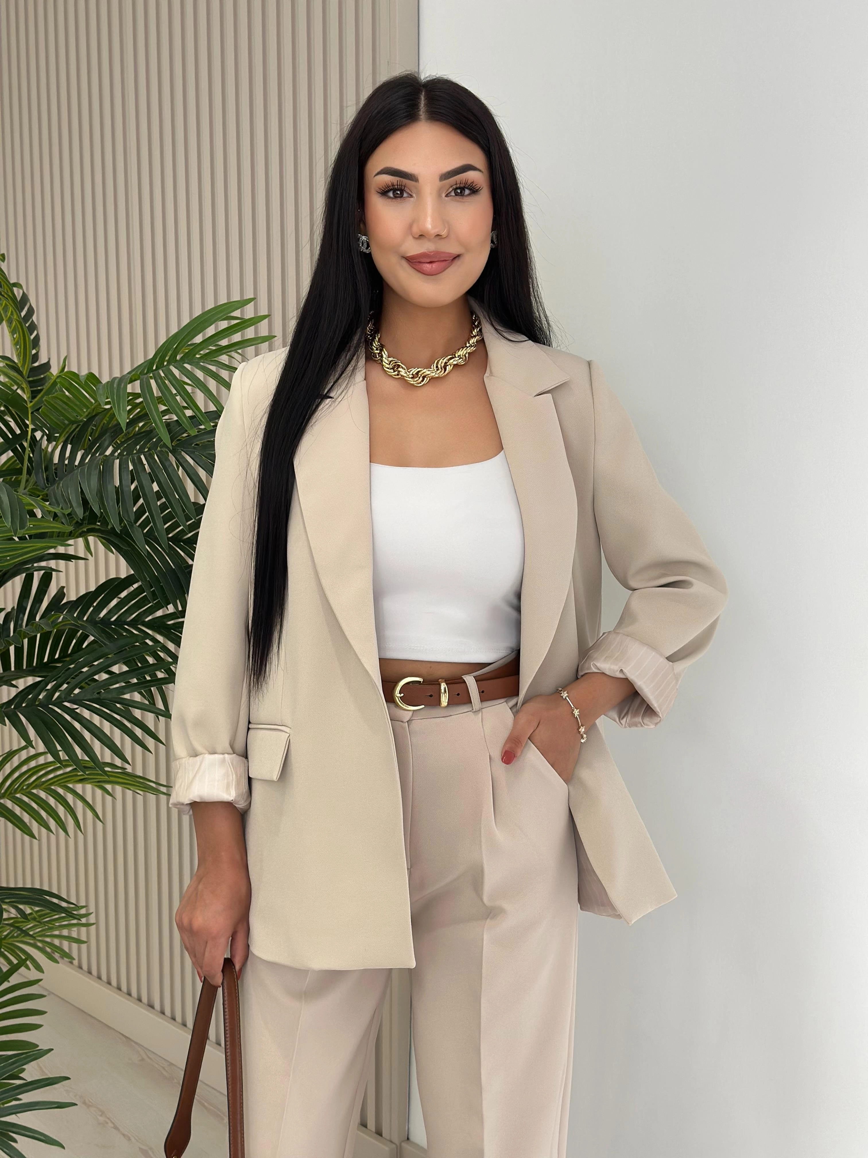 Çizgili%20Astarlı%20Blazer%20Ceket%20Taş