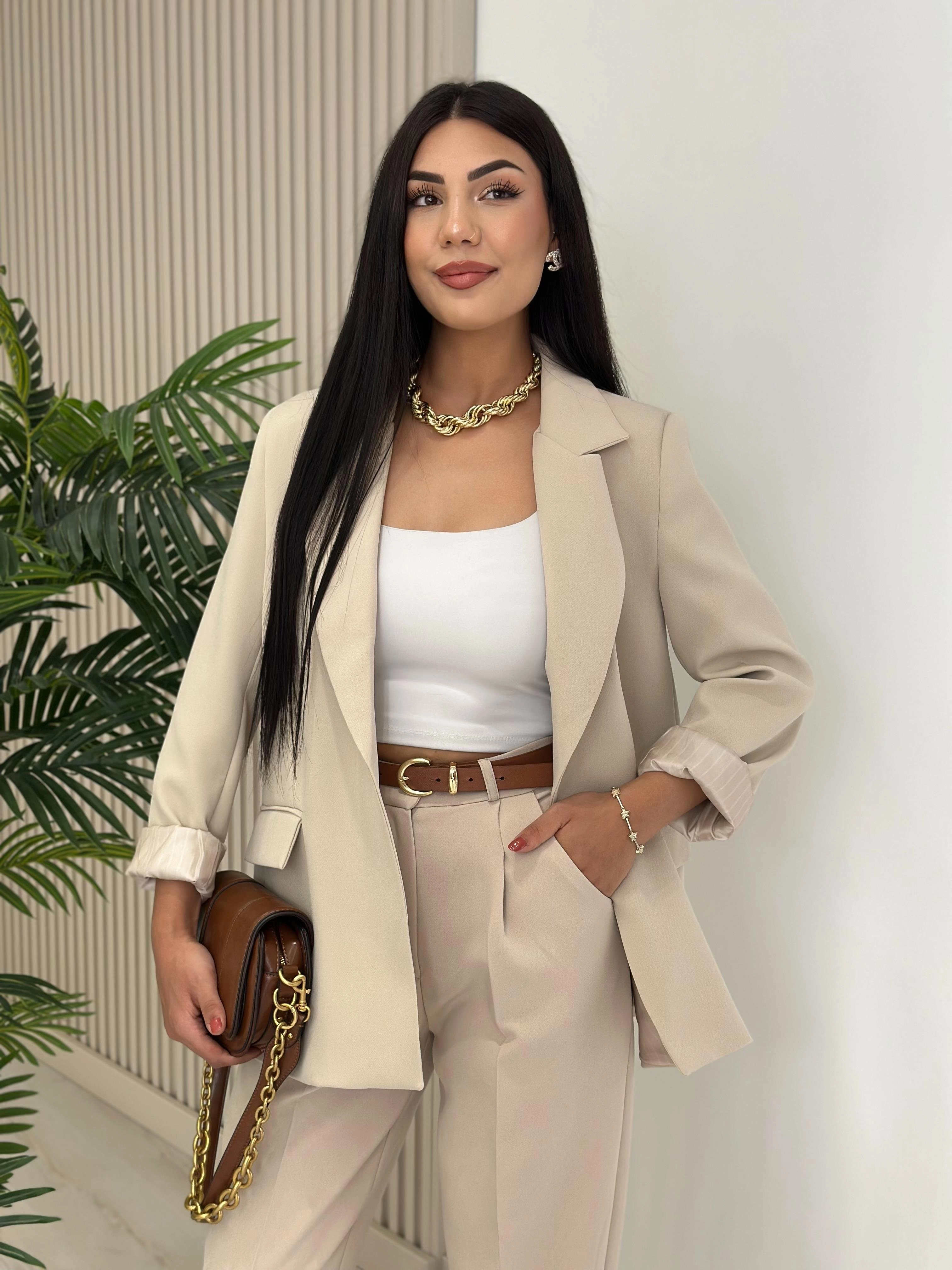 Çizgili%20Astarlı%20Blazer%20Ceket%20Taş