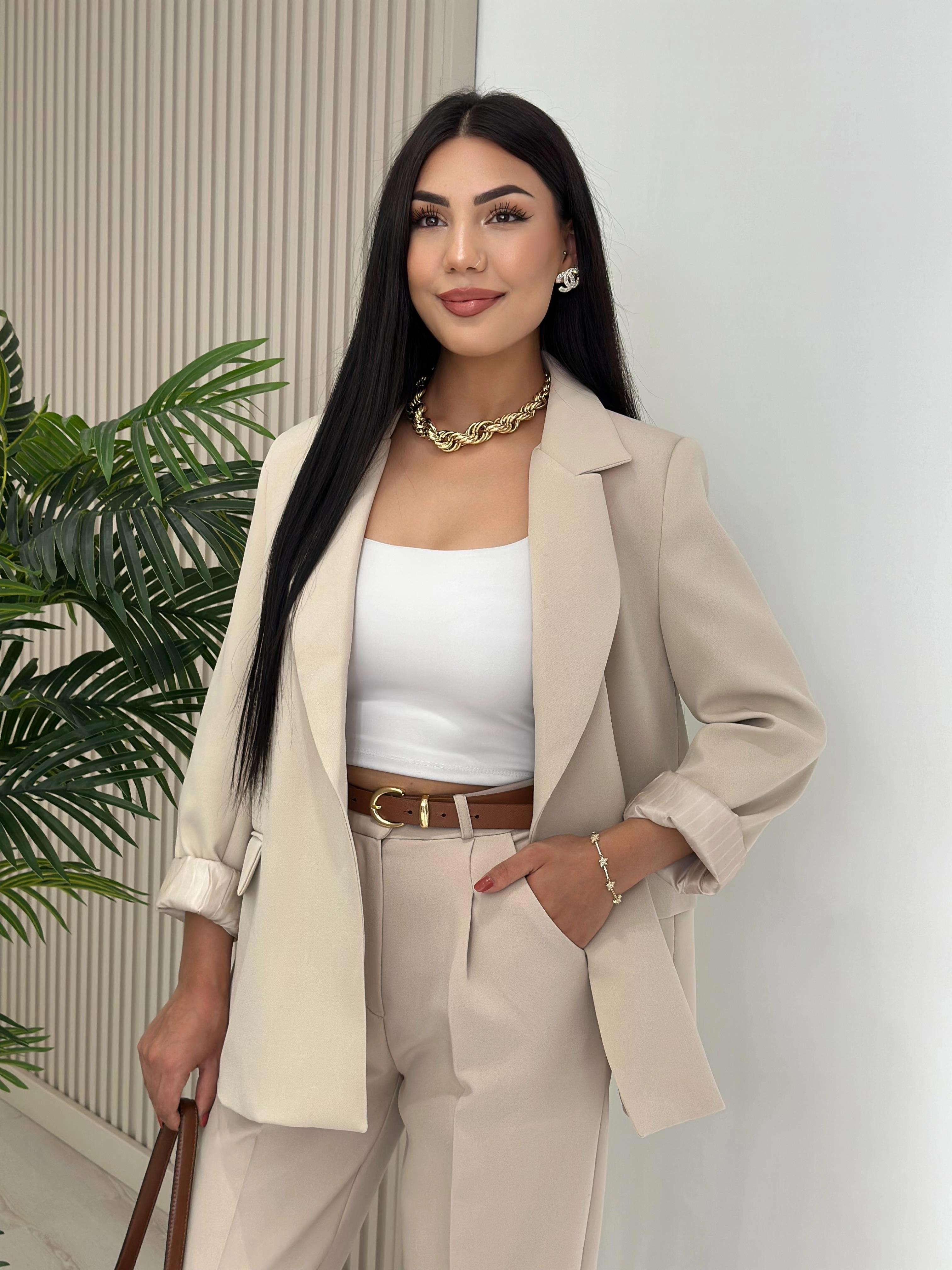 Çizgili%20Astarlı%20Blazer%20Ceket%20Taş