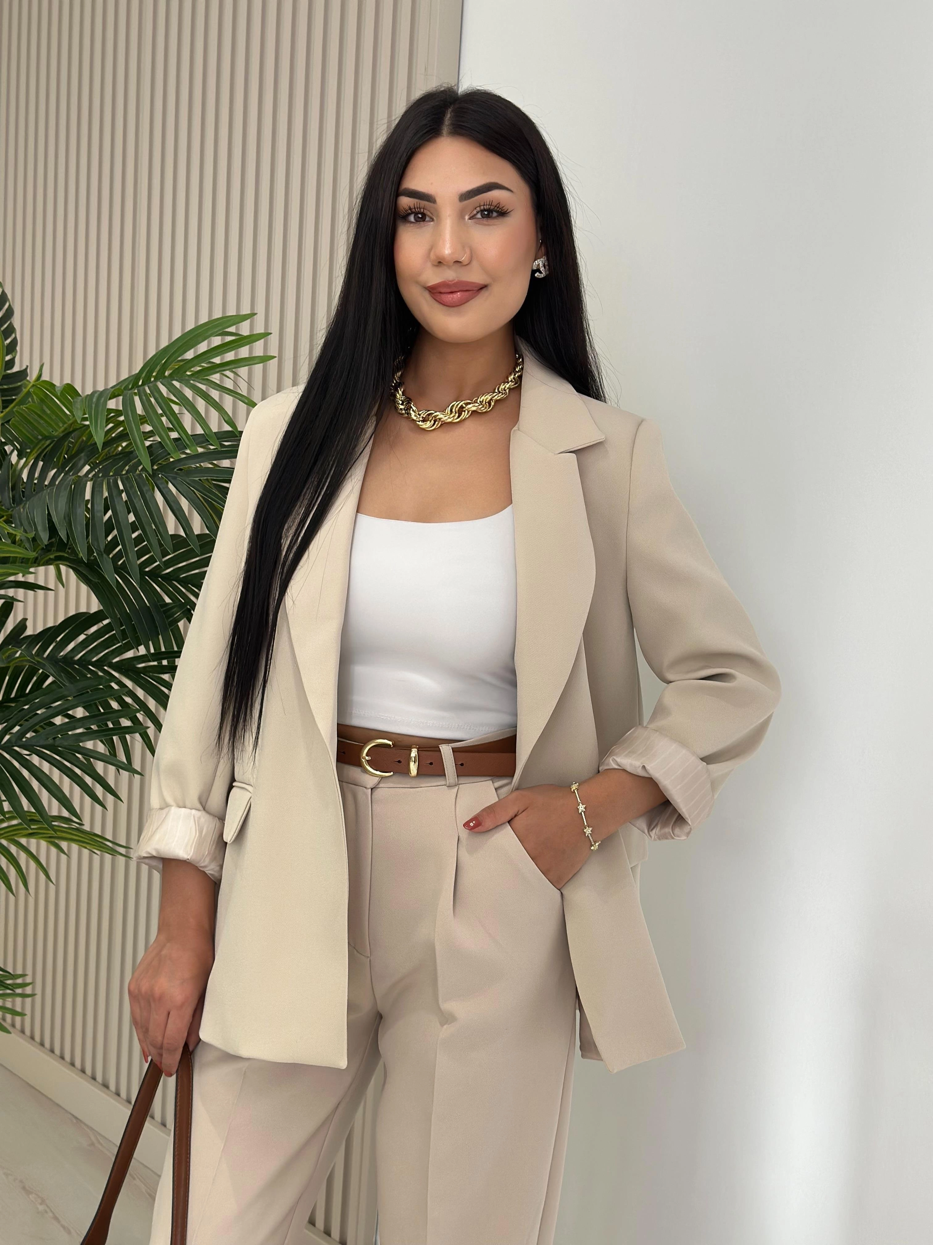 Çizgili%20Astarlı%20Blazer%20Ceket%20Taş