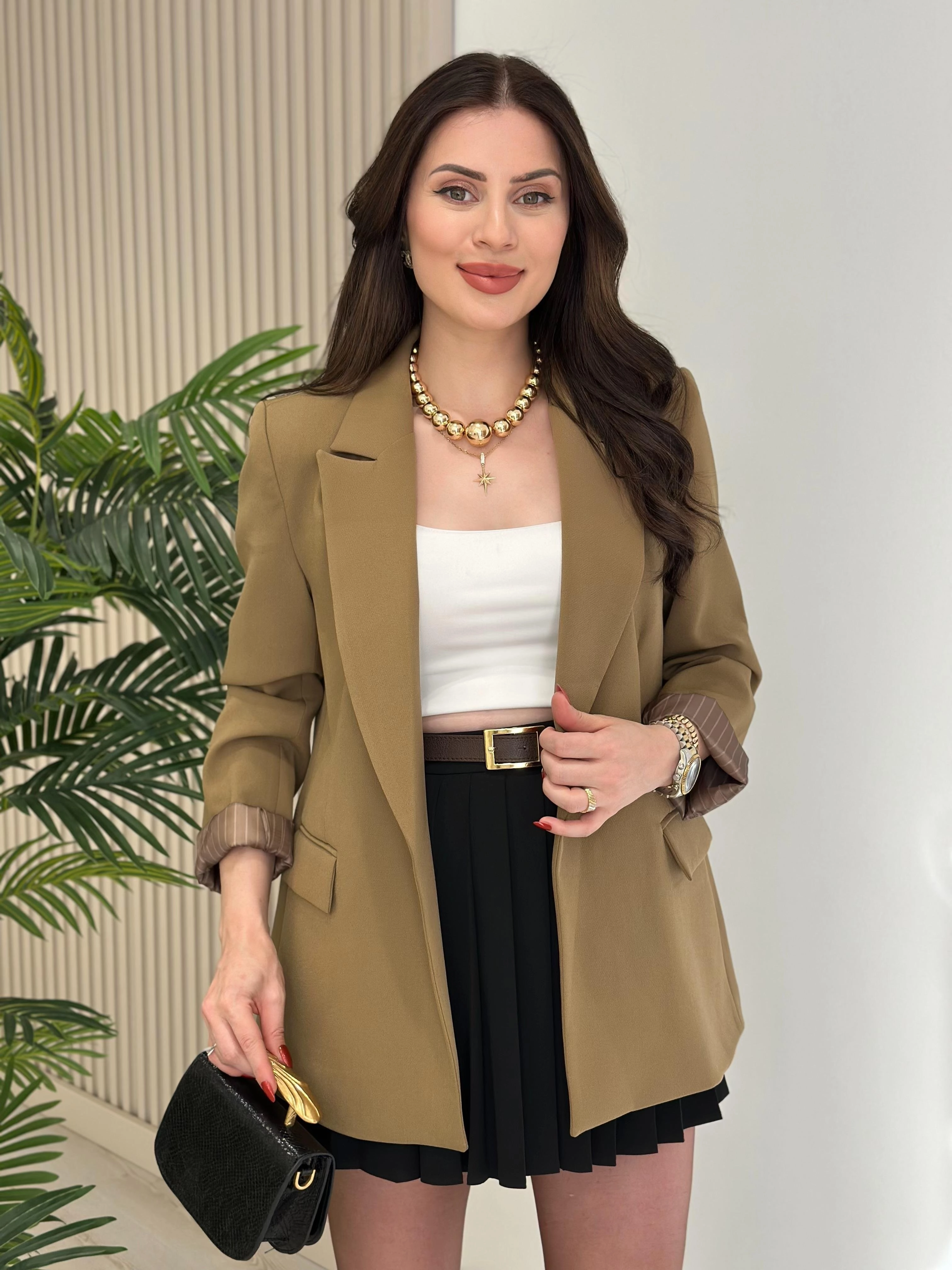 Çizgili%20Astarlı%20Blazer%20Ceket%20Haki