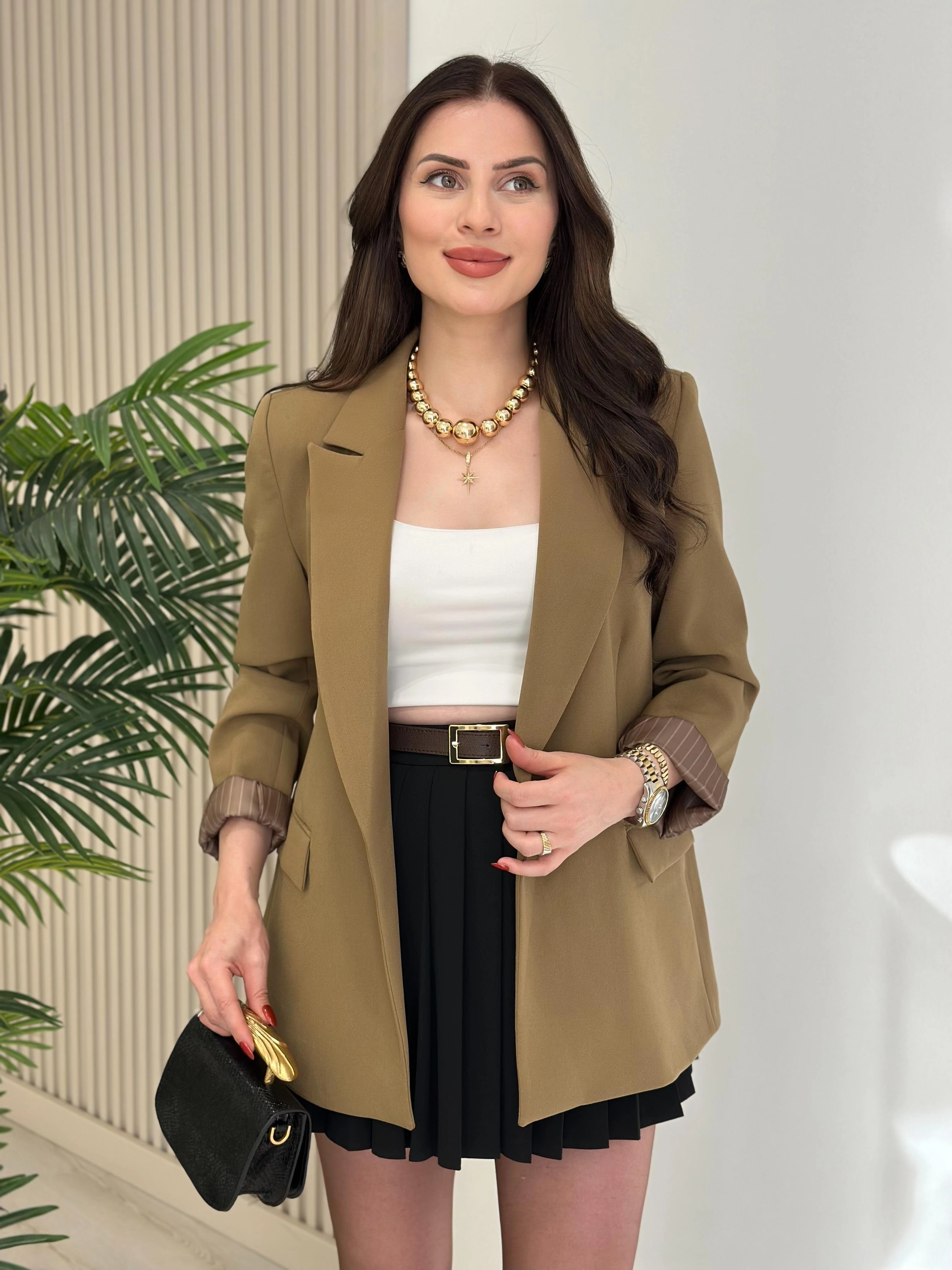 Çizgili%20Astarlı%20Blazer%20Ceket%20Haki