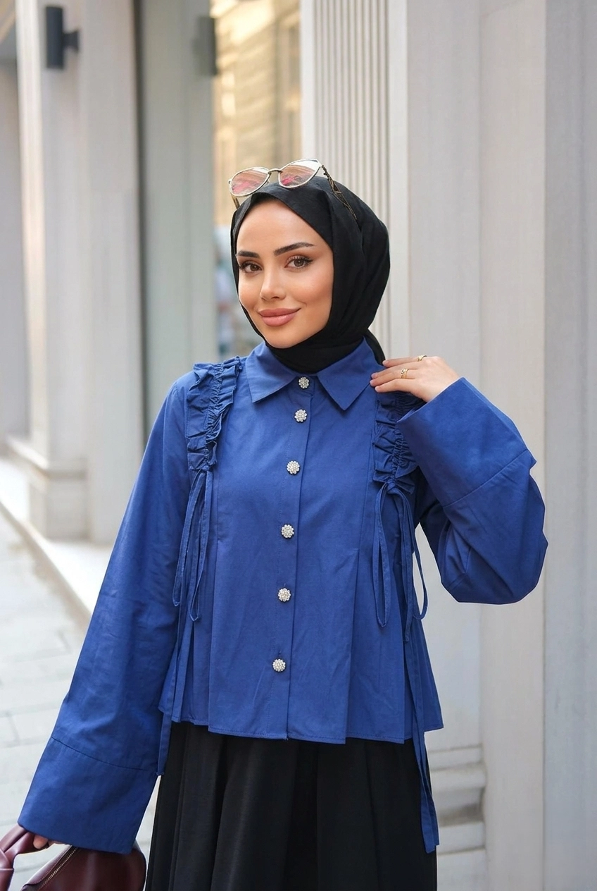Omuz%20Büzgülü%20Düğme%20Detaylı%20Gömlek%20-Lacivert
