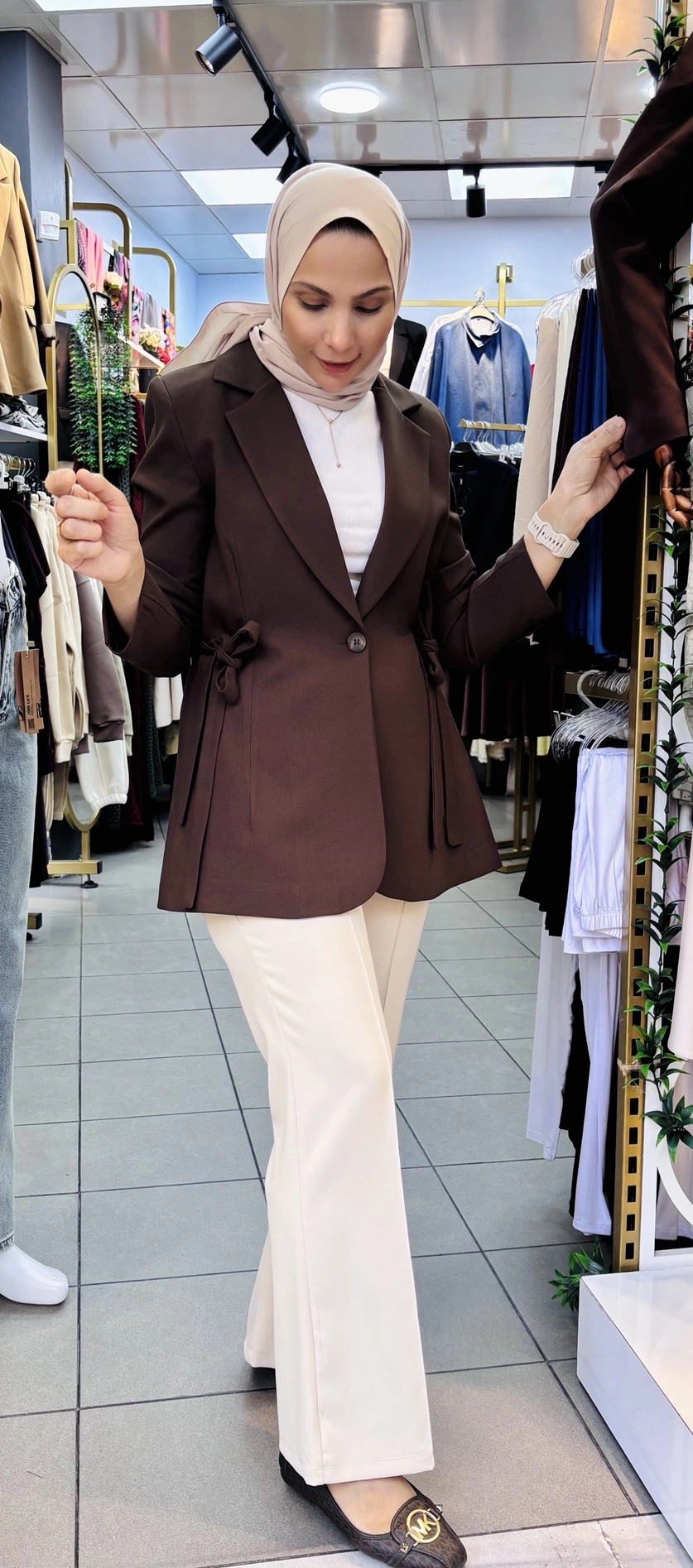 Yandan%20Bağcık%20Detaylı%20Blazer%20Ceket%20Kahve