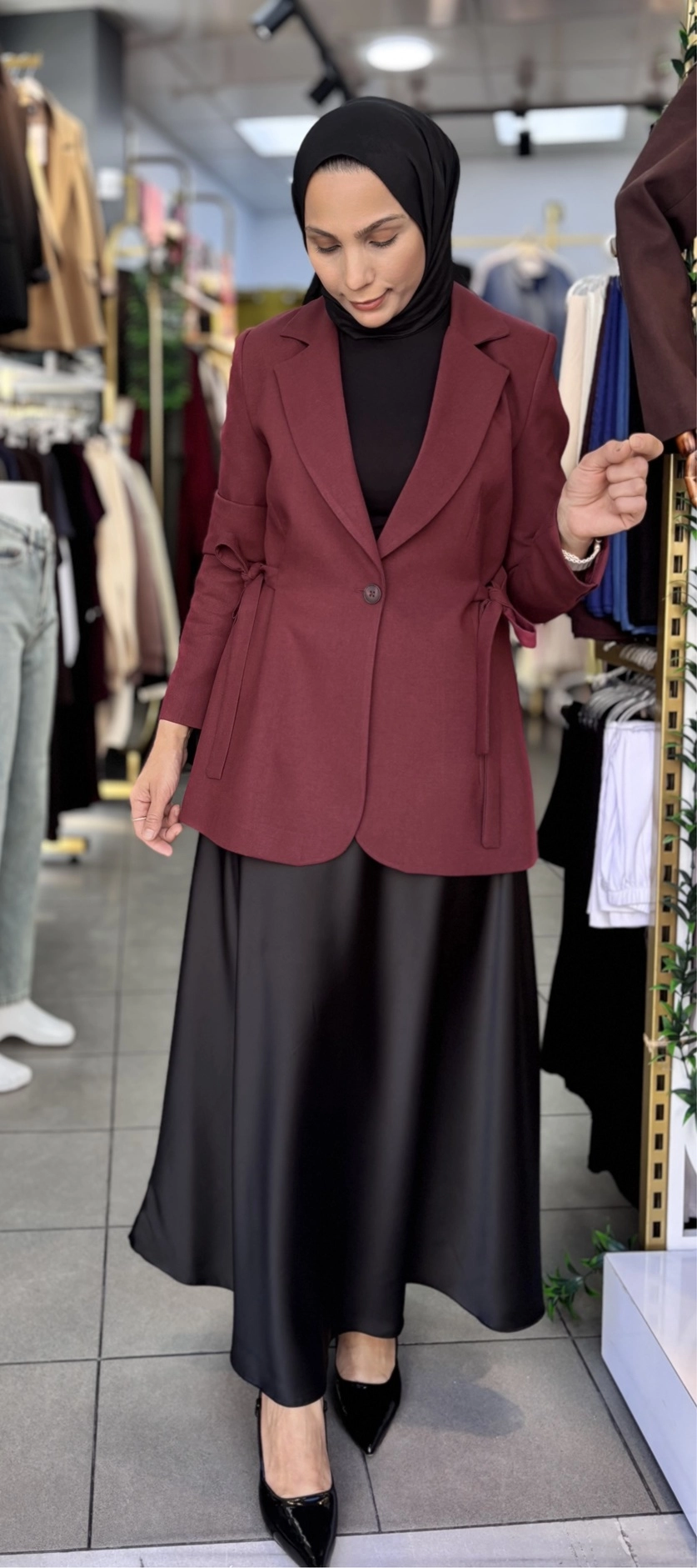 Yandan%20Bağcıklı%20Detaylı%20Blazer%20Ceket%20Bordo