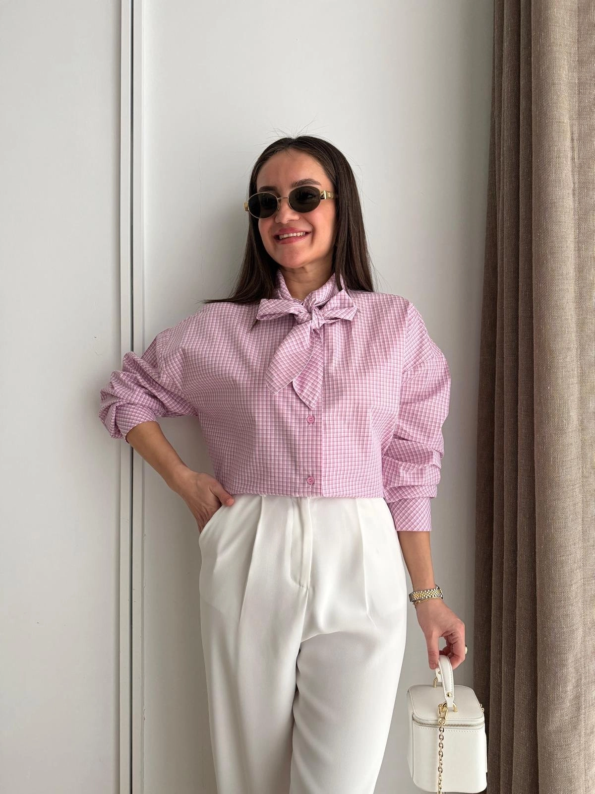 Ekos%20Fular%20Yaka%20Kareli%20Gömlek%20Pembe