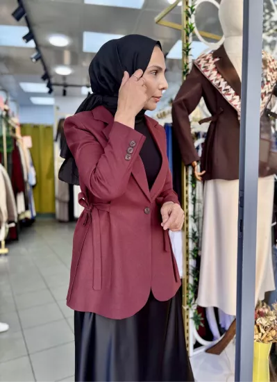 Yandan Bağcıklı Detaylı Blazer Ceket Bordo